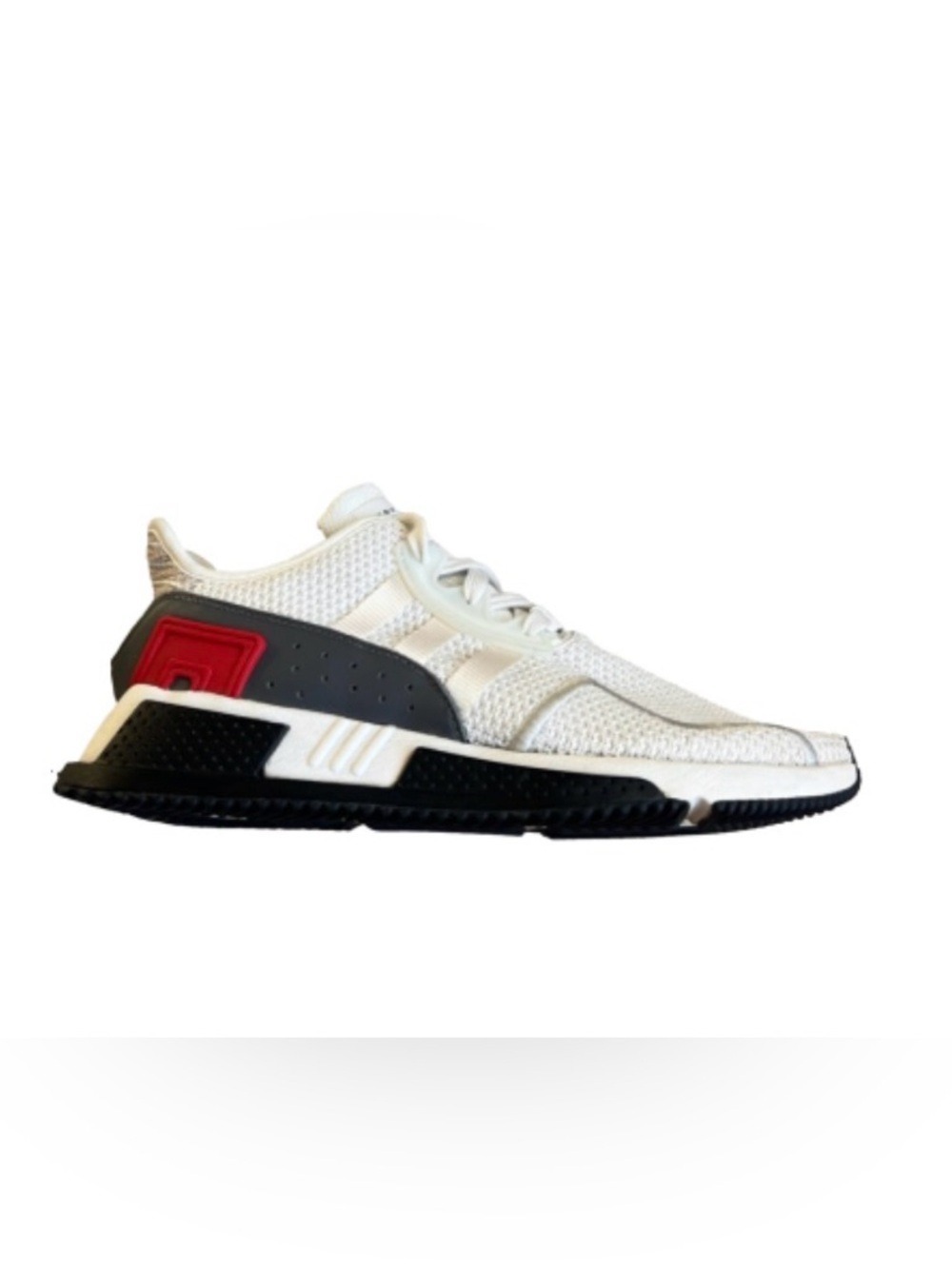 adidas EQT 91-17 Men's White Knit Sneakers with Black & Red Heel Accents 7.5